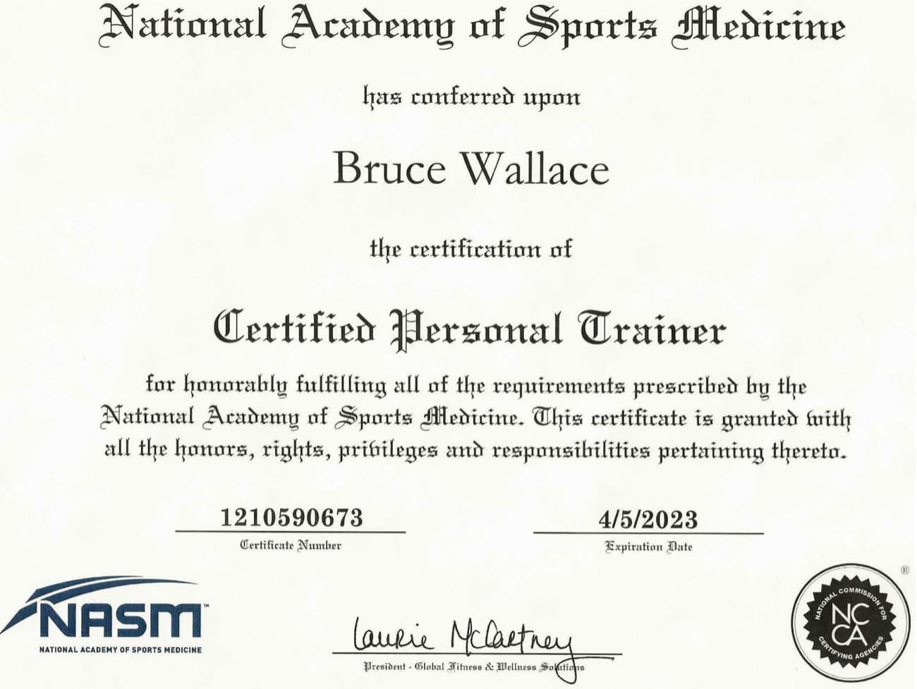NASM Certified Personal Trainer certificate