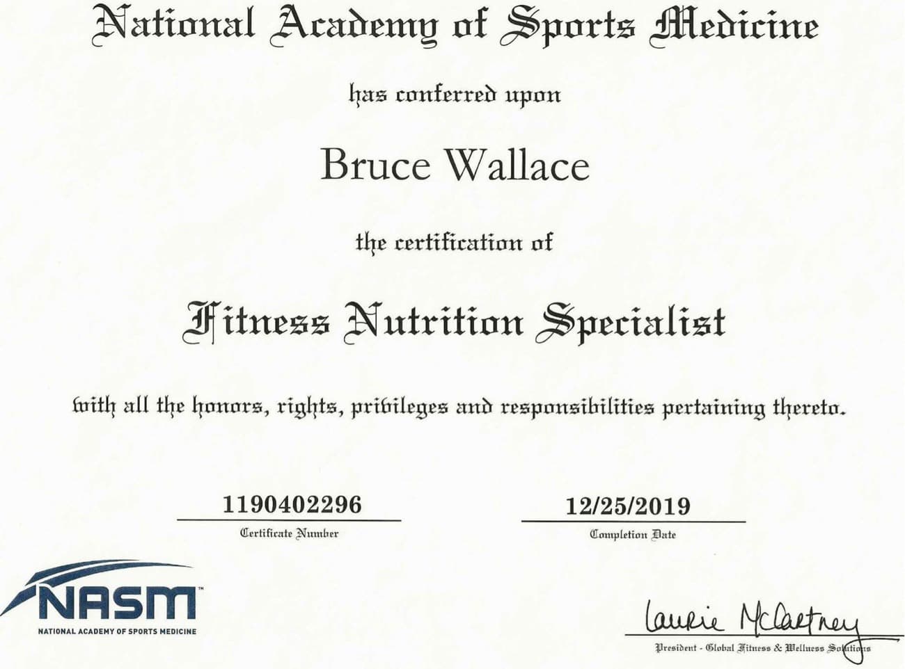 Fitness Nutrition Specialist certificate