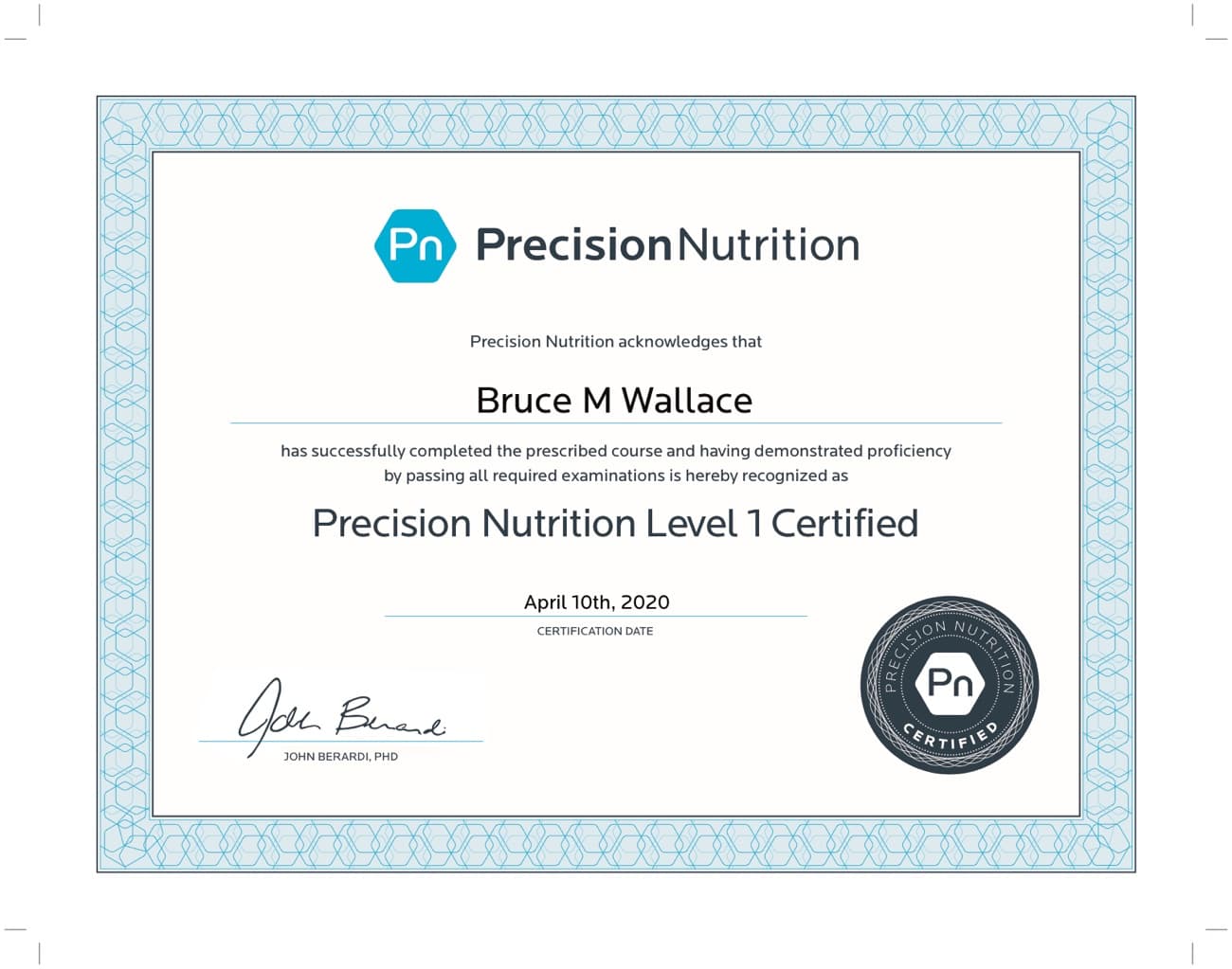 Precision Nutrition Level 1 certificate